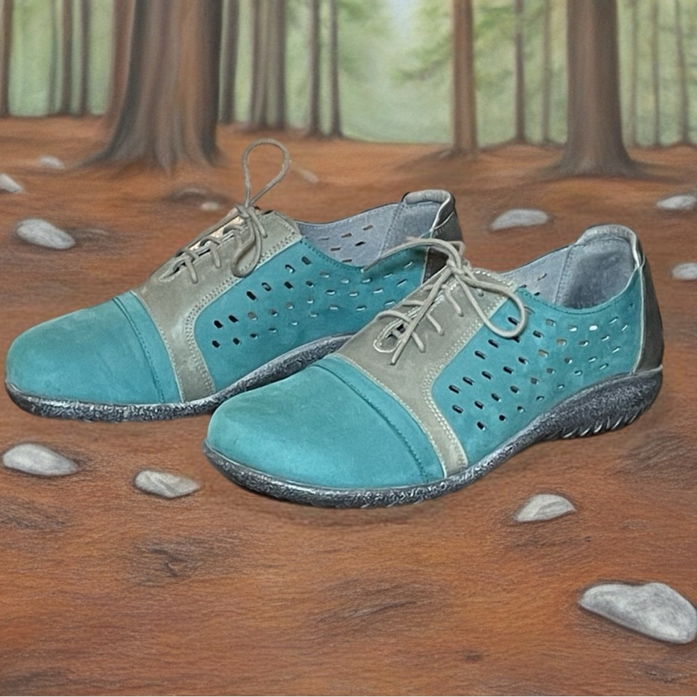 NAOT Lalo Teal/Tin Gray Nubuck Lace-up Walking Shoes Size EU 37/US 6-6.5